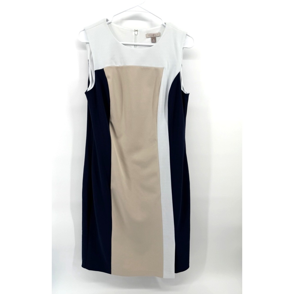 Roz & Ali Dress Sheath Style Color Block White Tan Navy Lined Career Women 10‎